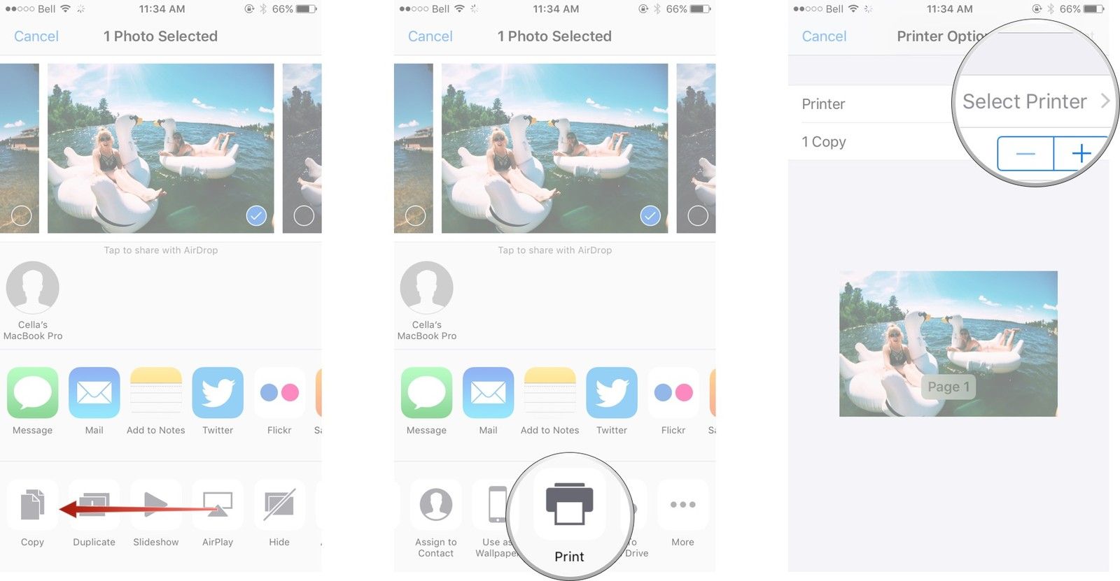 Проведите пальцем влево по нижнему меню, нажмите «Печать», нажмите «Выбрать принтер».