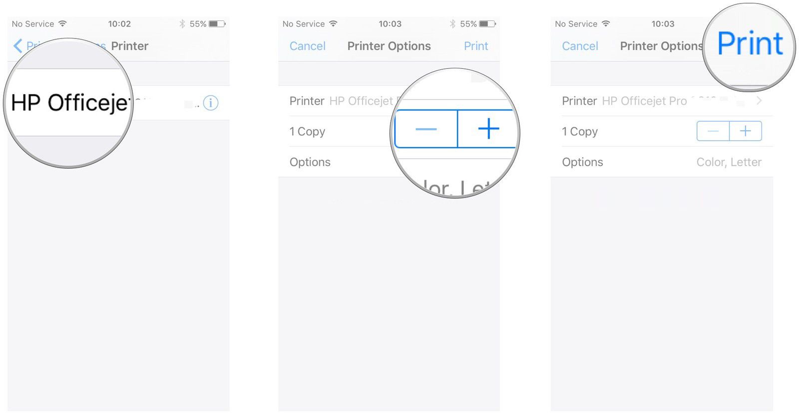 Нажмите на принтер, который вы'd like to use, tap to choose how many copies, tap Print