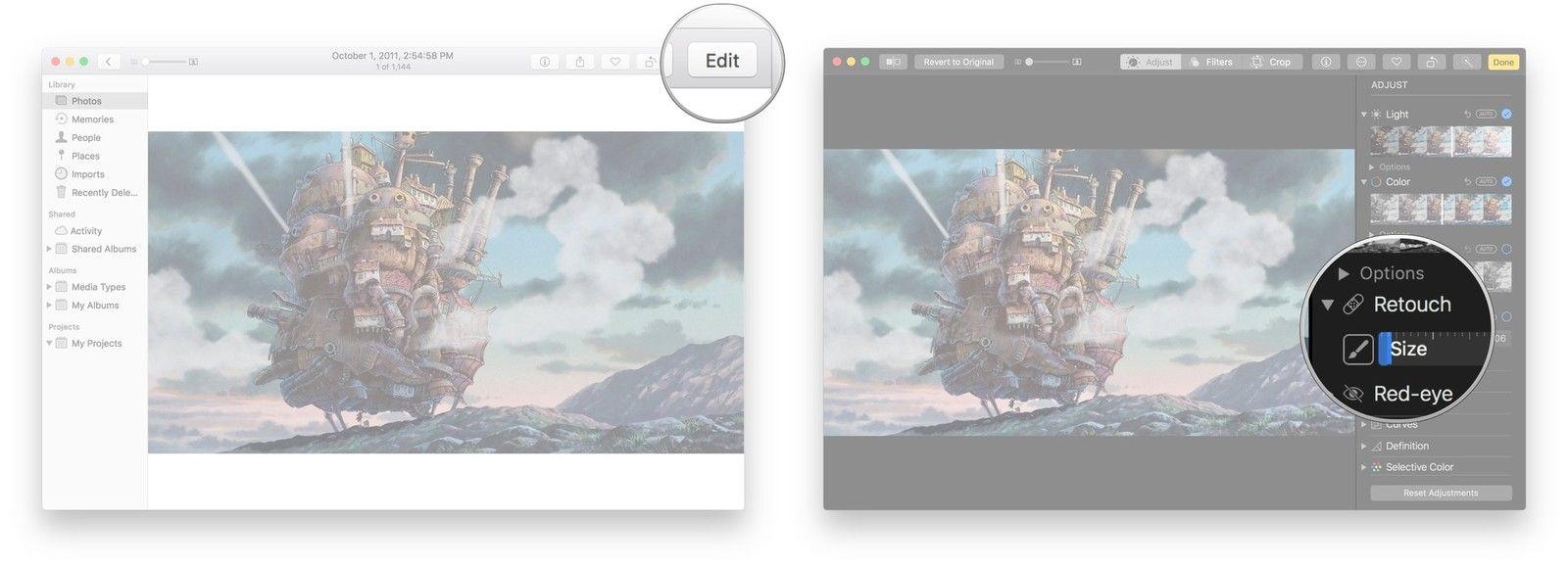 Нажмите «Изменить», щелкните стрелку рядом с «Ретуширование», перетащите ползунок, чтобы выбрать размер инструмента, нажмите и перетащите на фотографию, чтобы ретушировать ее.