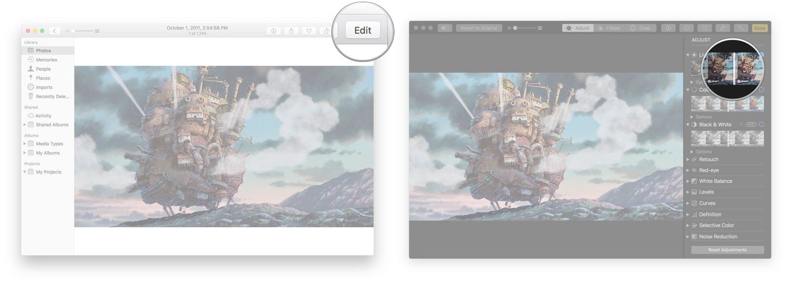 Нажмите Edit в правом верхнем углу, нажмите и перетащите ползунок Light