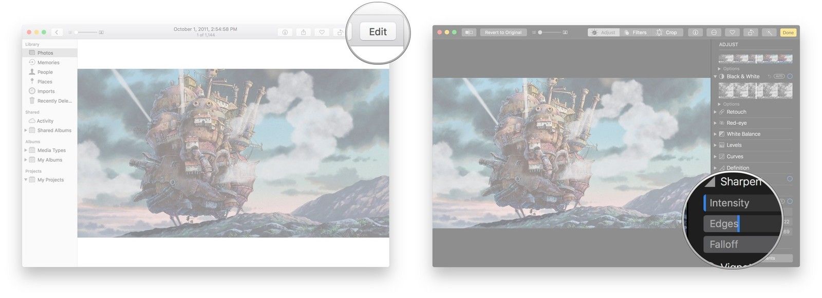 Нажмите на стрелку рядом с Sharpness, нажмите и перетащите ползунки
