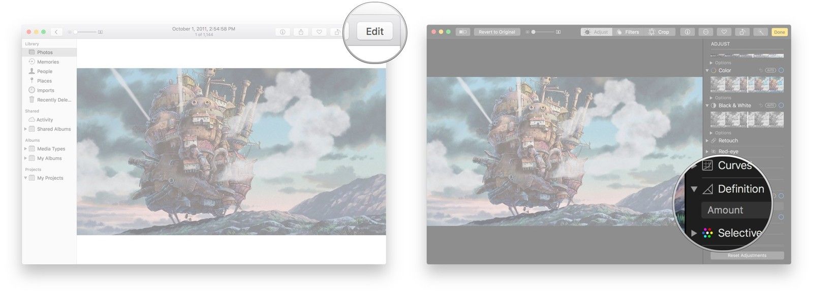 Нажмите «Изменить», щелкните стрелку рядом с «Определение», нажмите и перетащите ползунок.