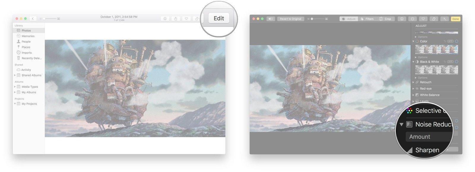 Нажмите «Изменить», щелкните стрелку рядом с «Шумоподавление», нажмите и перетащите ползунок.