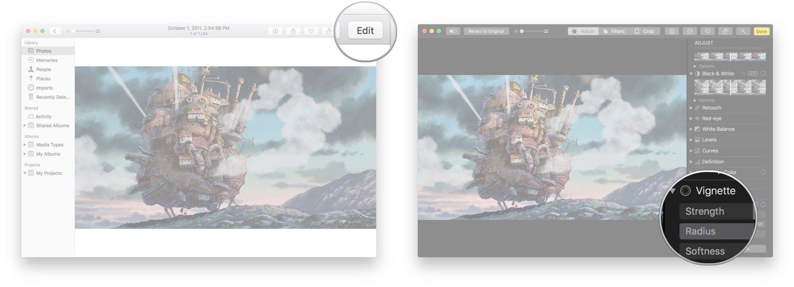 Нажмите «Изменить», нажмите стрелку рядом с «Виньетка», нажмите и перетащите ползунки.