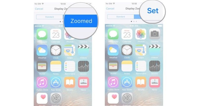 Нажмите зум, затем нажмите установить