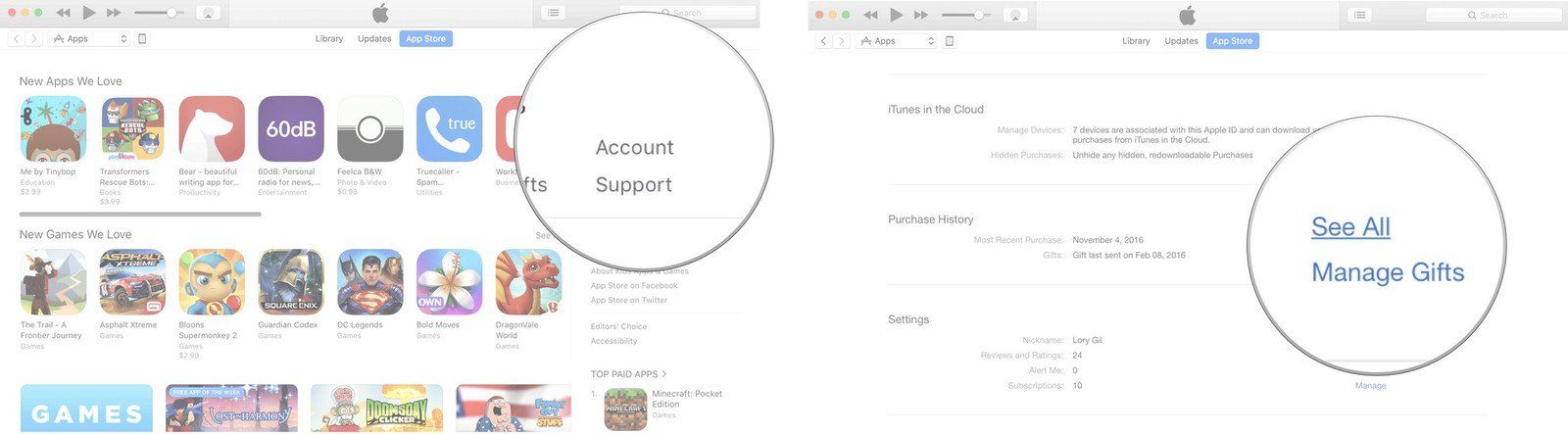 Выберите свою учетную запись, войдите под своим Apple ID, затем выберите «Просмотреть все» в разделе «История покупок».