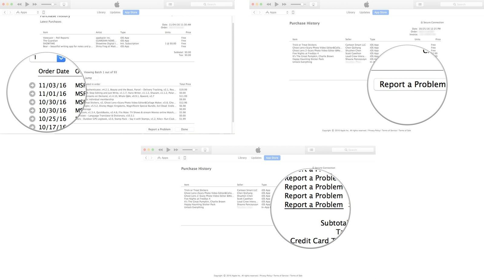 Нажмите стрелку рядом с покупкой, затем выберите Сообщить о проблеме, затем щелкните элемент, о котором вы хотите сообщить