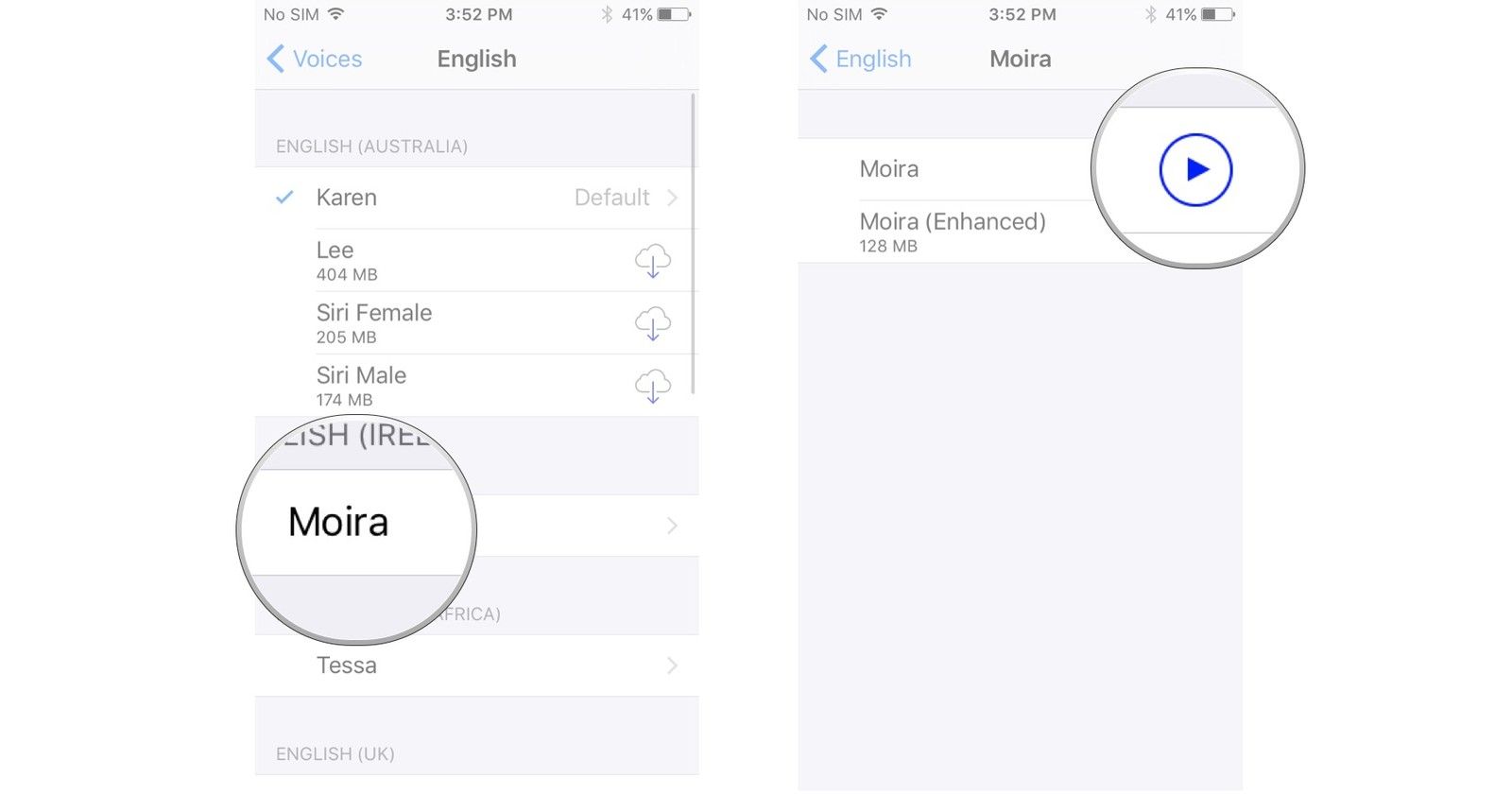 Нажмите на голос, нажмите кнопку воспроизведения или нажмите имя, чтобы включить голос