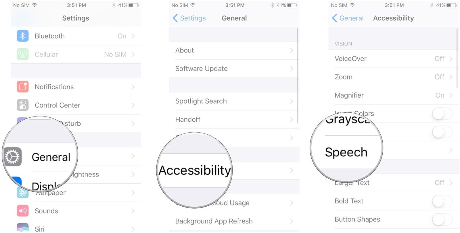 Нажмите «Основные», нажмите «Доступность», нажмите «Речь»