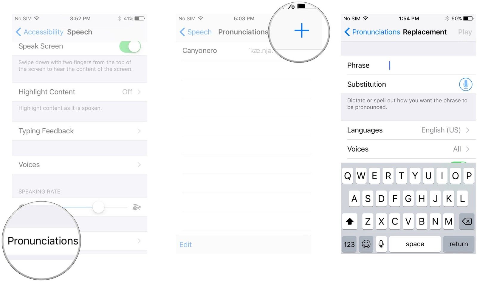 Нажмите «Произношение», нажмите «Воспроизвести», нажмите кнопку «Добавить», введите фразу