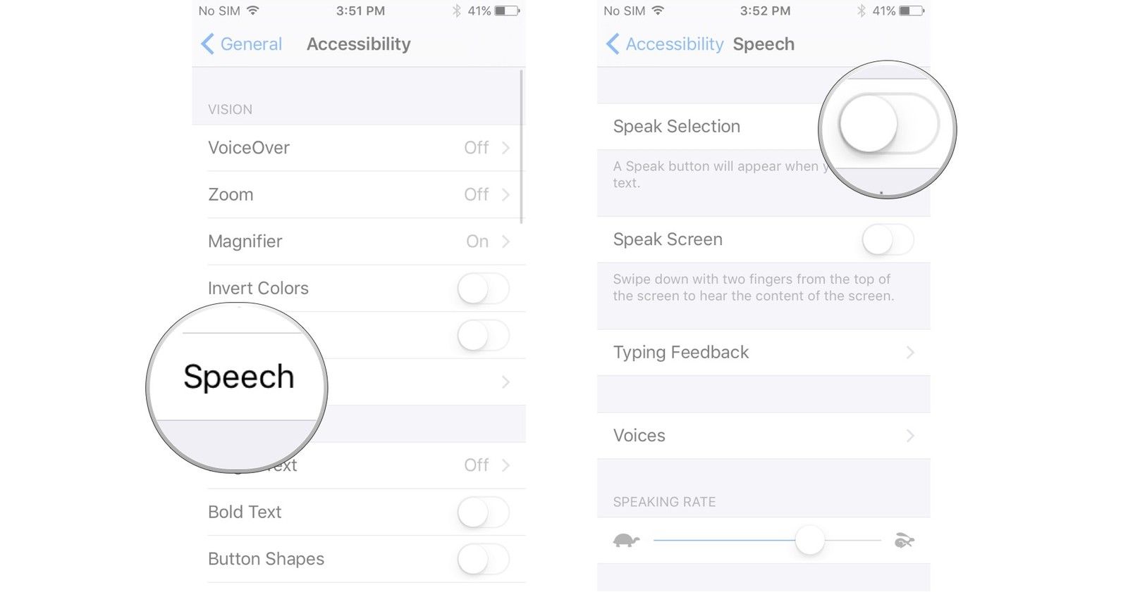 Нажмите «Речь», нажмите переключатель рядом с «Выбор речи».