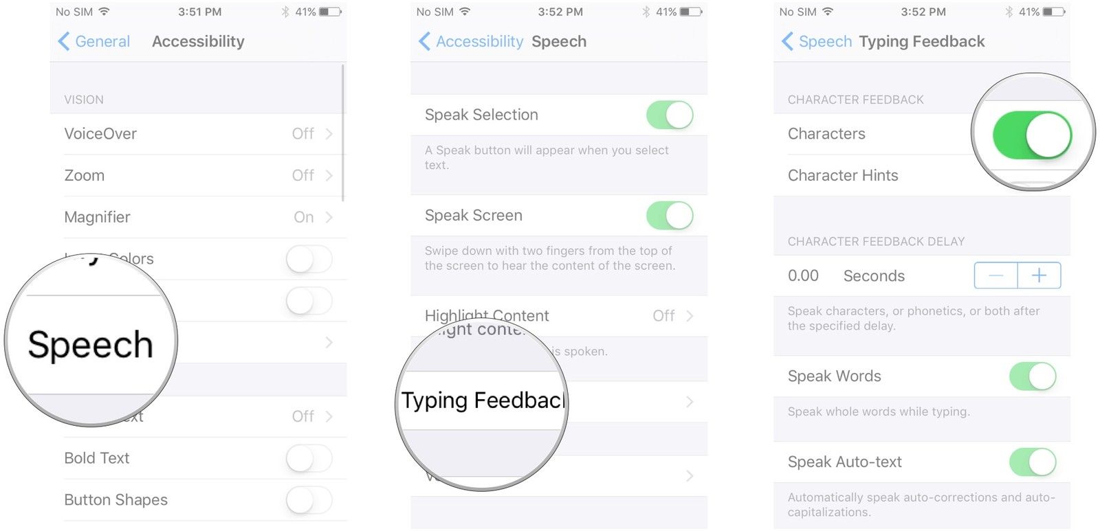 Нажмите «Речь», нажмите «Ввод обратной связи», нажмите переключатель рядом с символами.