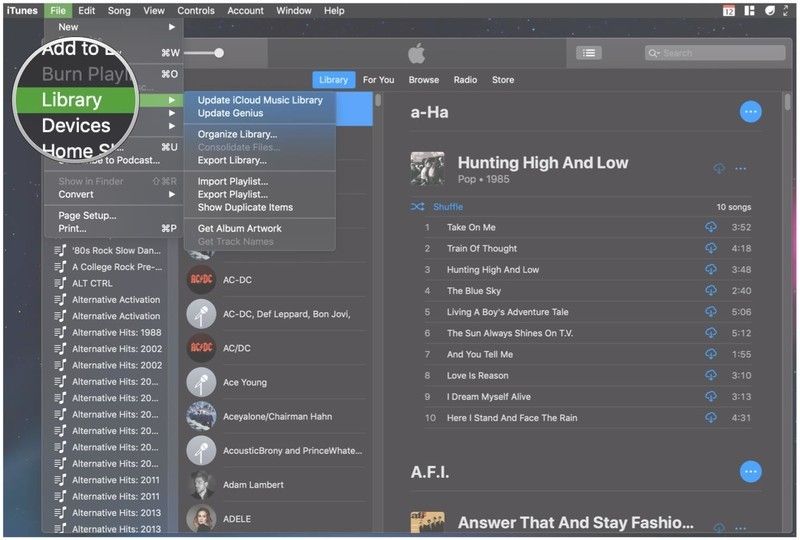 Файл iTunes, затем Библиотека