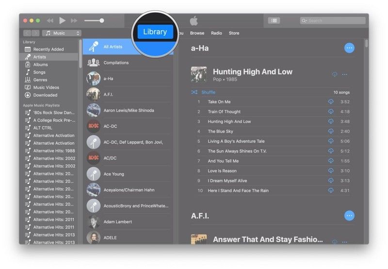 Нажмите Библиотека под Музыка