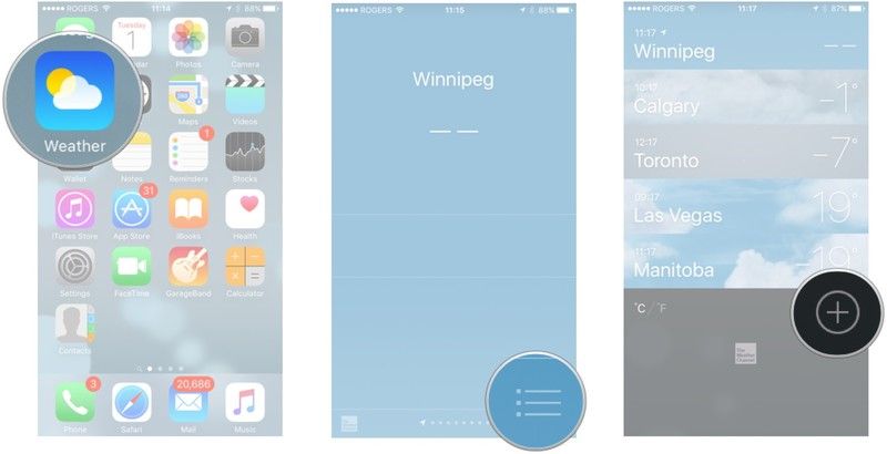 Запустите приложение «Погода», нажмите кнопку списка и нажмите кнопку «плюс».
