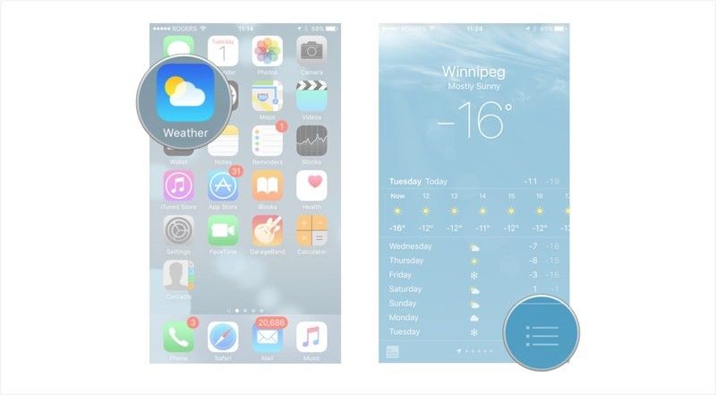 Запустите приложение Погода и нажмите на кнопку списка.