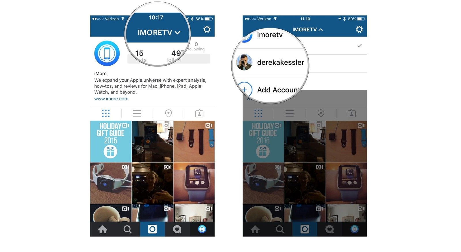 Нажмите на имя вашей учетной записи, затем нажмите на учетную запись, которую вы хотите переключиться на