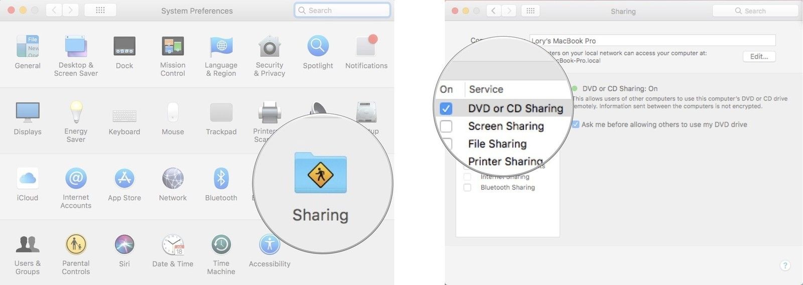 Нажмите «Общий доступ», затем установите флажок для общего доступа к CD или DVD.