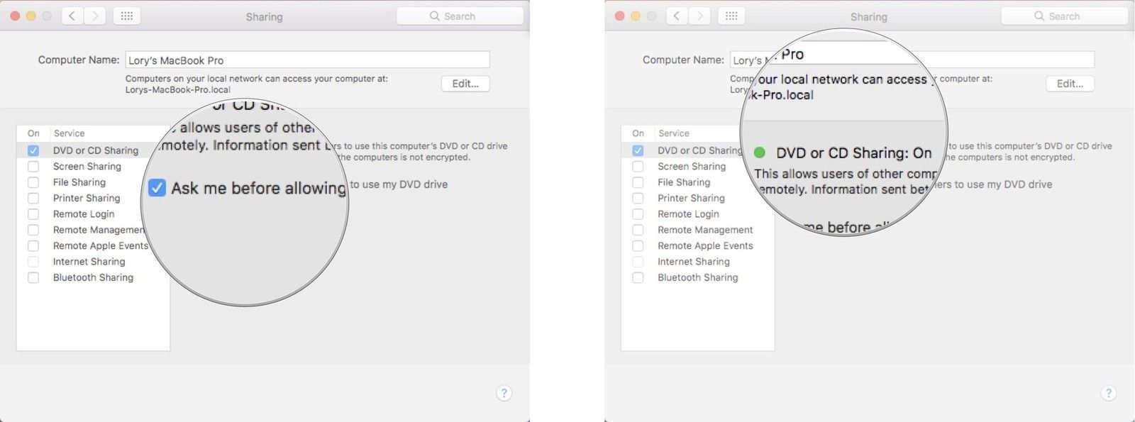 Установите флажок Спросить меня, прежде чем разрешить другим использовать мой DVD-привод