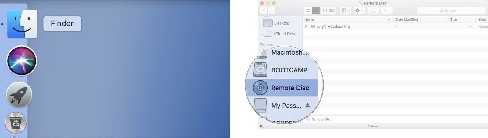 Запустите Finder, затем нажмите «Удаленный диск»