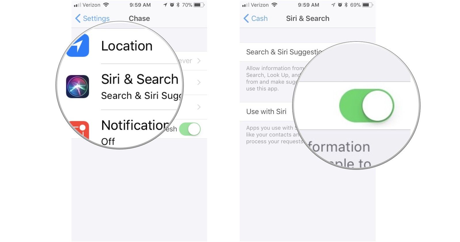 Нажмите Siri и Поиск, затем включите Использование с Siri