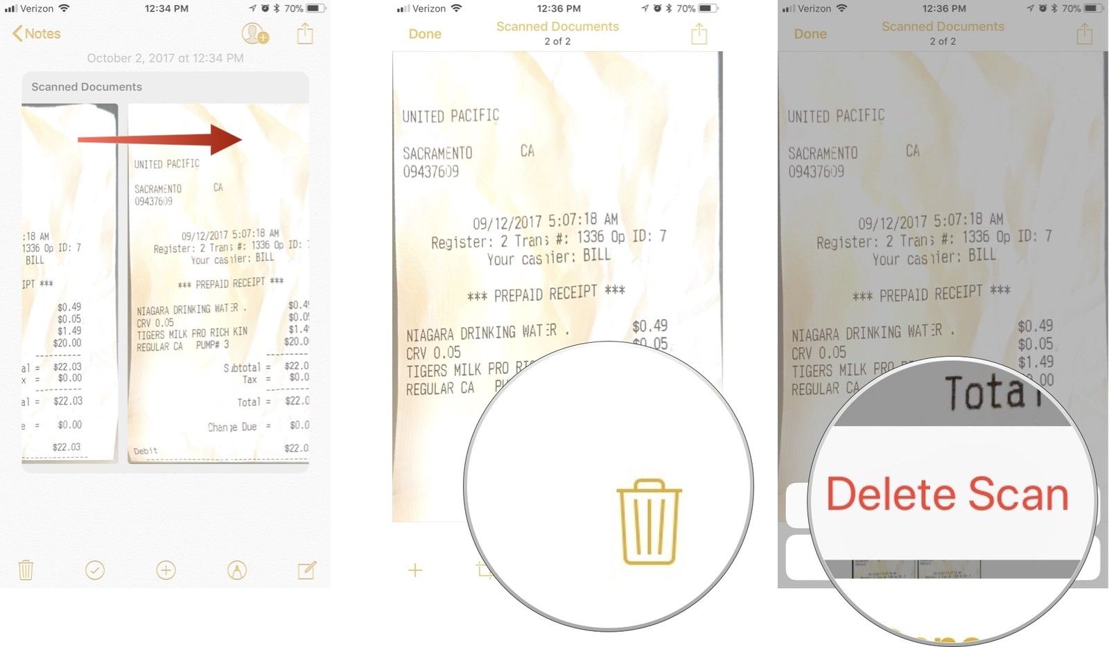 Проведите пальцем, чтобы найти страницу, которую хотите удалить, затем нажмите значок корзины, затем нажмите «Удалить сканирование».