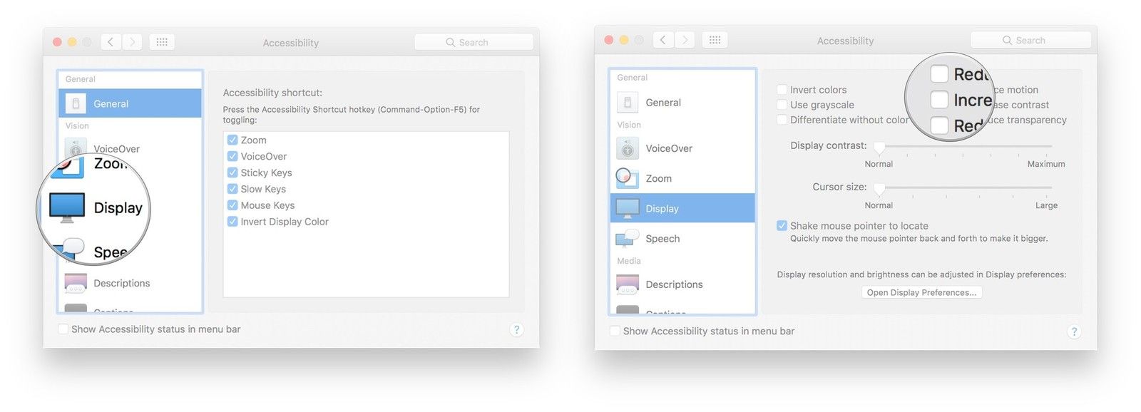 Нажмите «Показать», установите флажок «Увеличить контраст».
