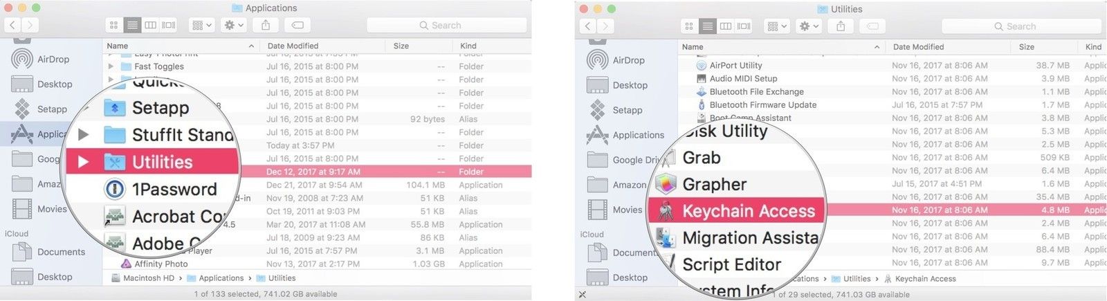 Дважды щелкните Утилиты, затем дважды щелкните Доступ к цепочке для ключей