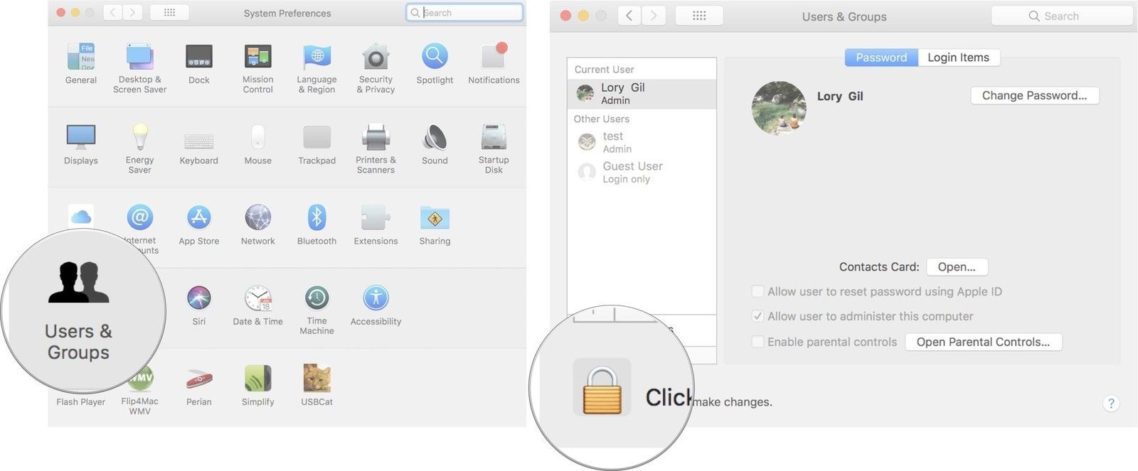 Нажмите на Пользователи и группы, затем нажмите на замок