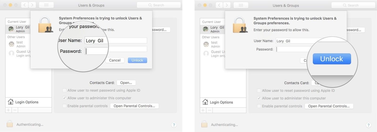 Введите пароль и нажмите «Разблокировать»