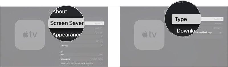 Выберите Заставка, выберите Тип