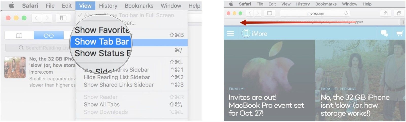 Нажмите View, нажмите Show Tab Bar, перейдите на веб-сайт, нажмите и перетащите вкладку влево