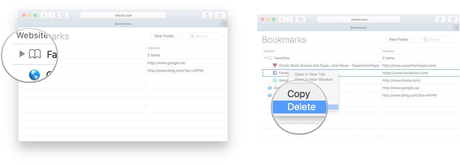 Нажмите на стрелку рядом с Избранное, щелкните правой кнопкой мыши на закладке, нажмите Удалить