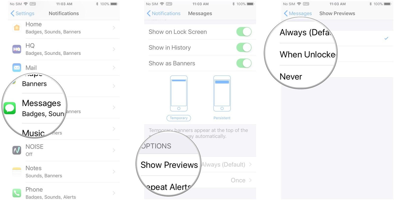 Нажмите «Сообщения», нажмите «Показать превью», нажмите «Всегда», «Разблокировано» или «Никогда».