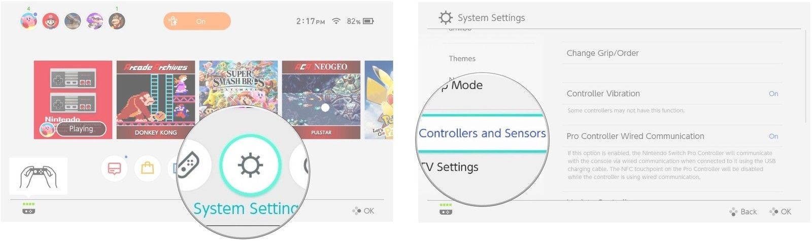 Выберите «Настройки системы», затем выберите «Контроллеры и датчики».