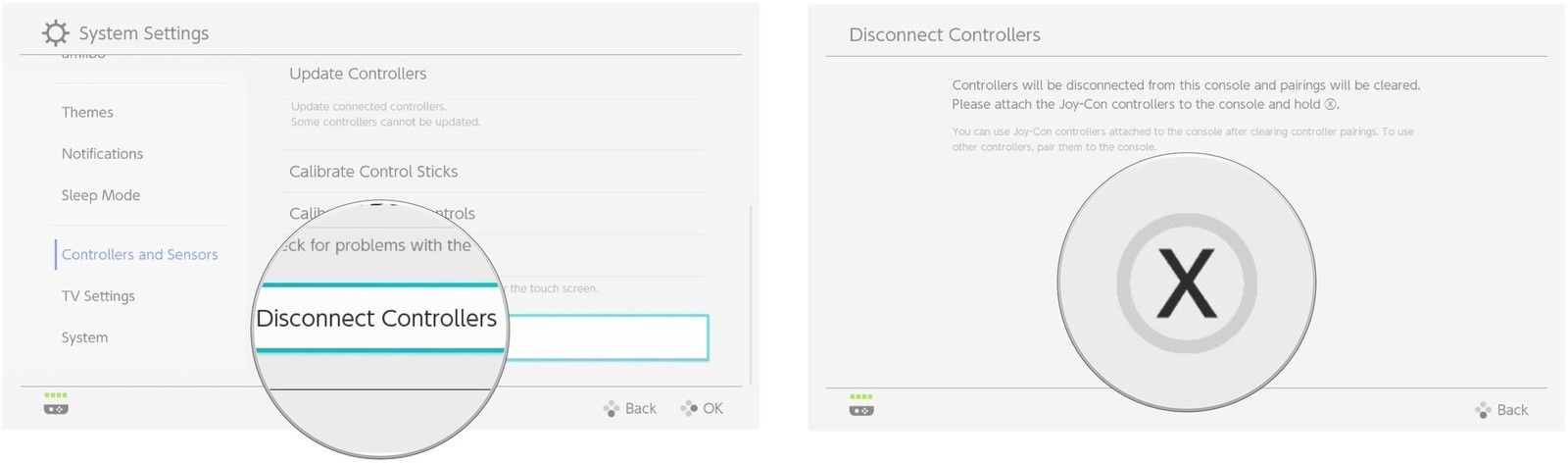 Selet Disconnect Controllers, затем нажмите кнопку X после подключения контроллеров к коммутатору.