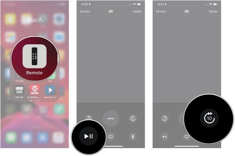 Откройте приложение Remote, нажмите «Воспроизведение / Пауза», нажмите «Пропустить».