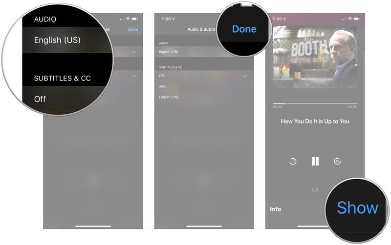 Выберите настройки звука и CC, нажмите «Готово», нажмите «Показать»