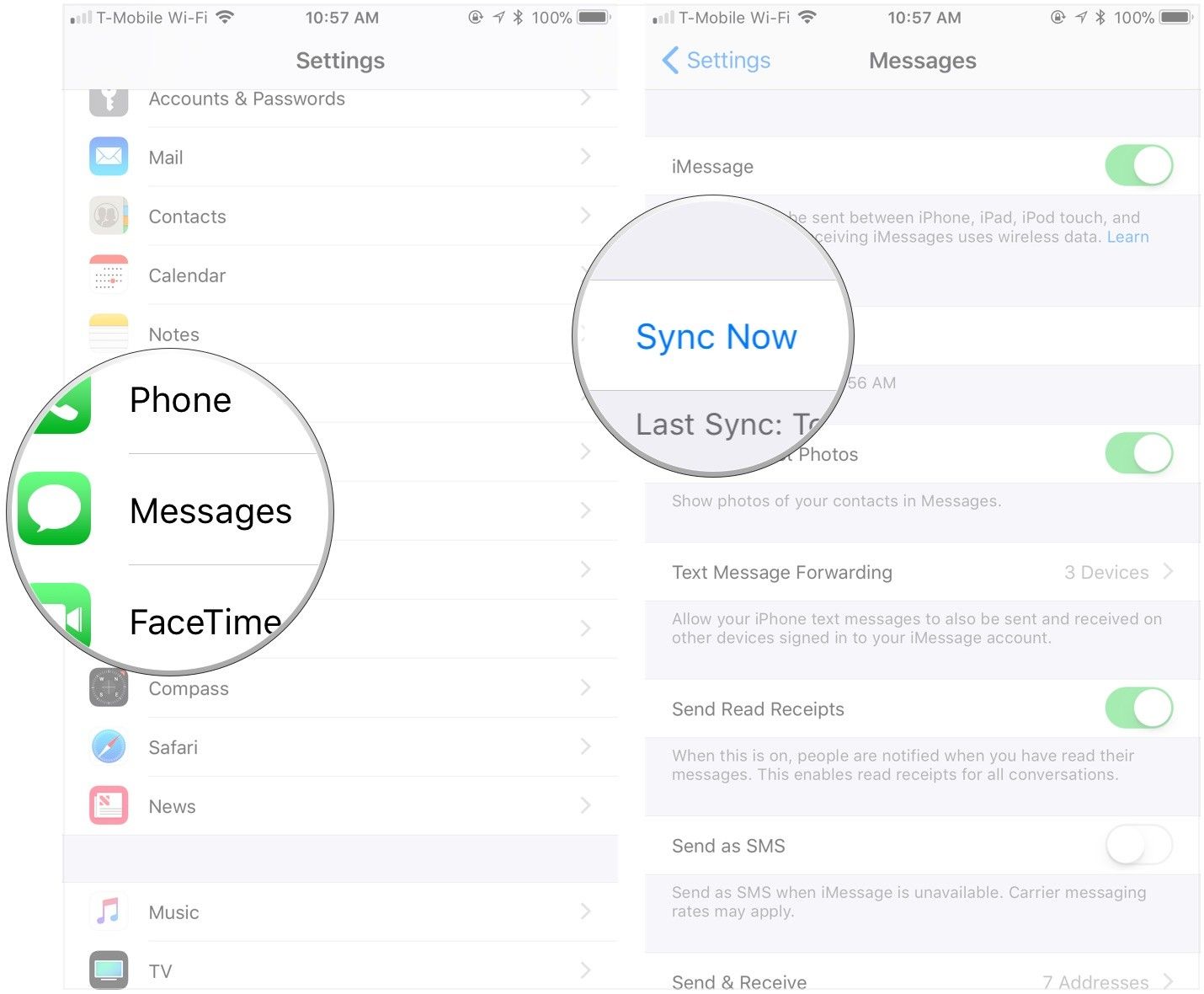 Нажмите «Сообщения», нажмите «Синхронизировать сейчас»