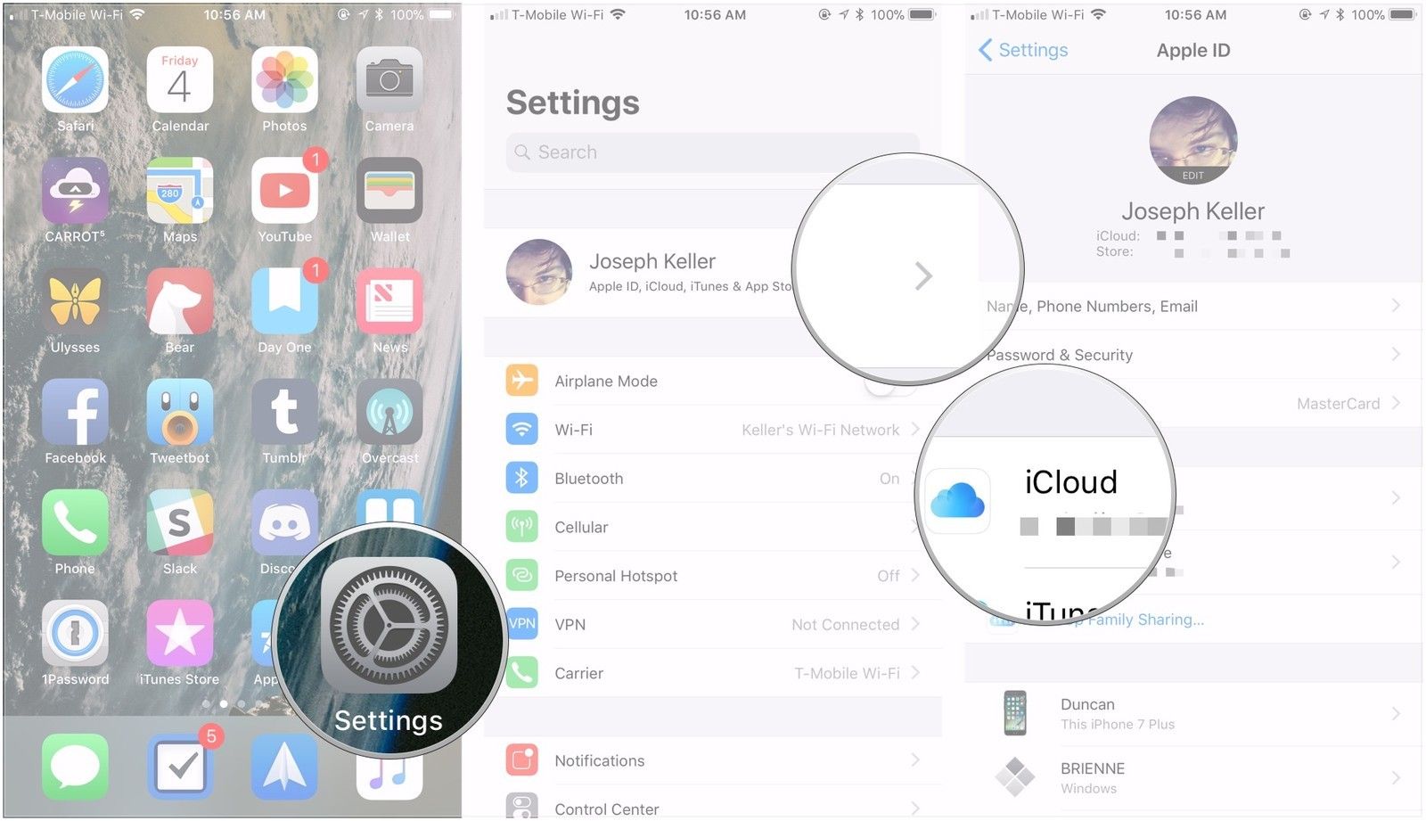 Нажмите «Настройки», нажмите «Apple ID banner», нажмите «iCloud».