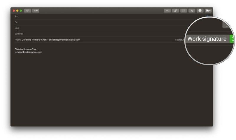 Почта на Mac, новое сообщение, выберите подпись