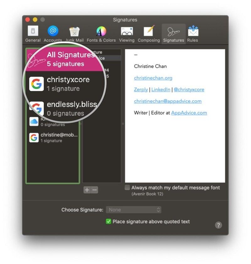 Почта на Mac, Настройки, Подписи, Левая колонка