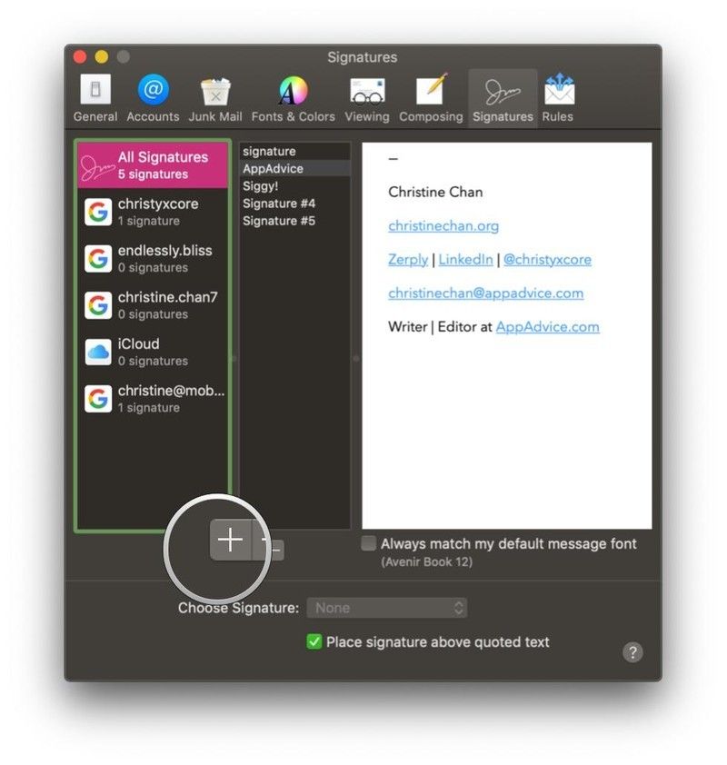 Почта на Mac, Настройки, Средняя колонка, Добавить