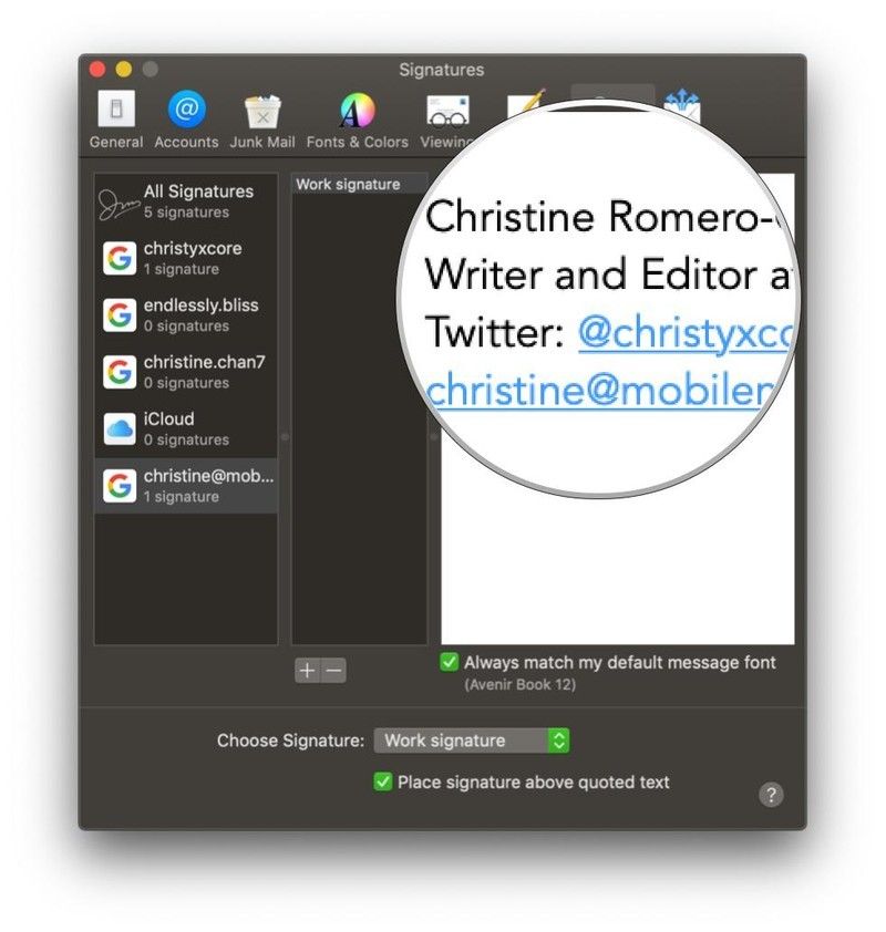 Почта на Mac, Настройки, Подпись, Правка