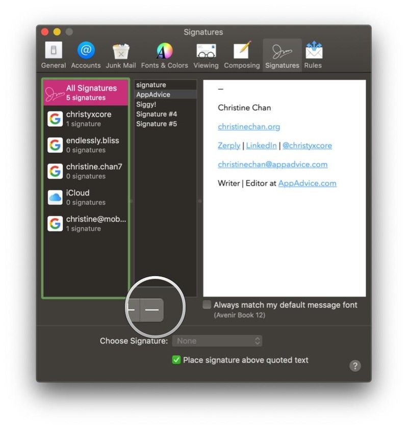Почта на Mac, Настройки, Подписи, Средняя колонка, Удалить
