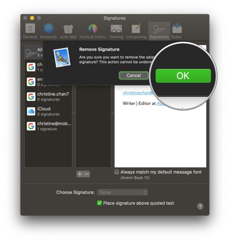 Почта на Mac, Настройки, SIgnatures, Удалить, Подтвердить