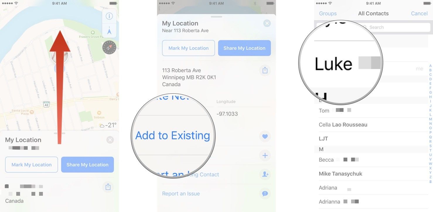 Проведите пальцем вверх по нижней панели, нажмите «Добавить к существующему контакту», а затем нажмите на нужный контакт.