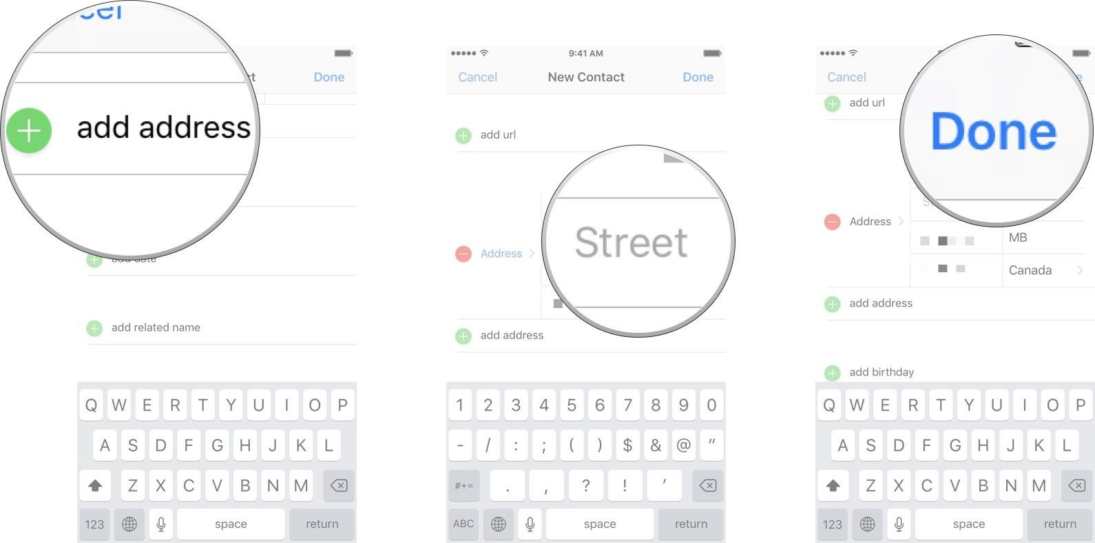 Нажмите на добавить адрес, введите свой контакт's complete address, and then tap done.