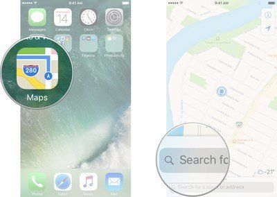 Запустите Карты на главном экране, а затем нажмите на строку поиска.