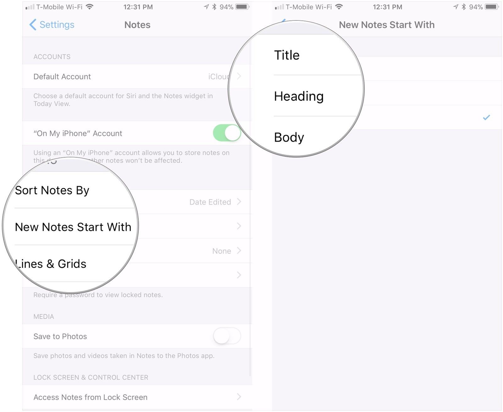 Нажмите Новые заметки, Начните с, выберите опцию форматирования